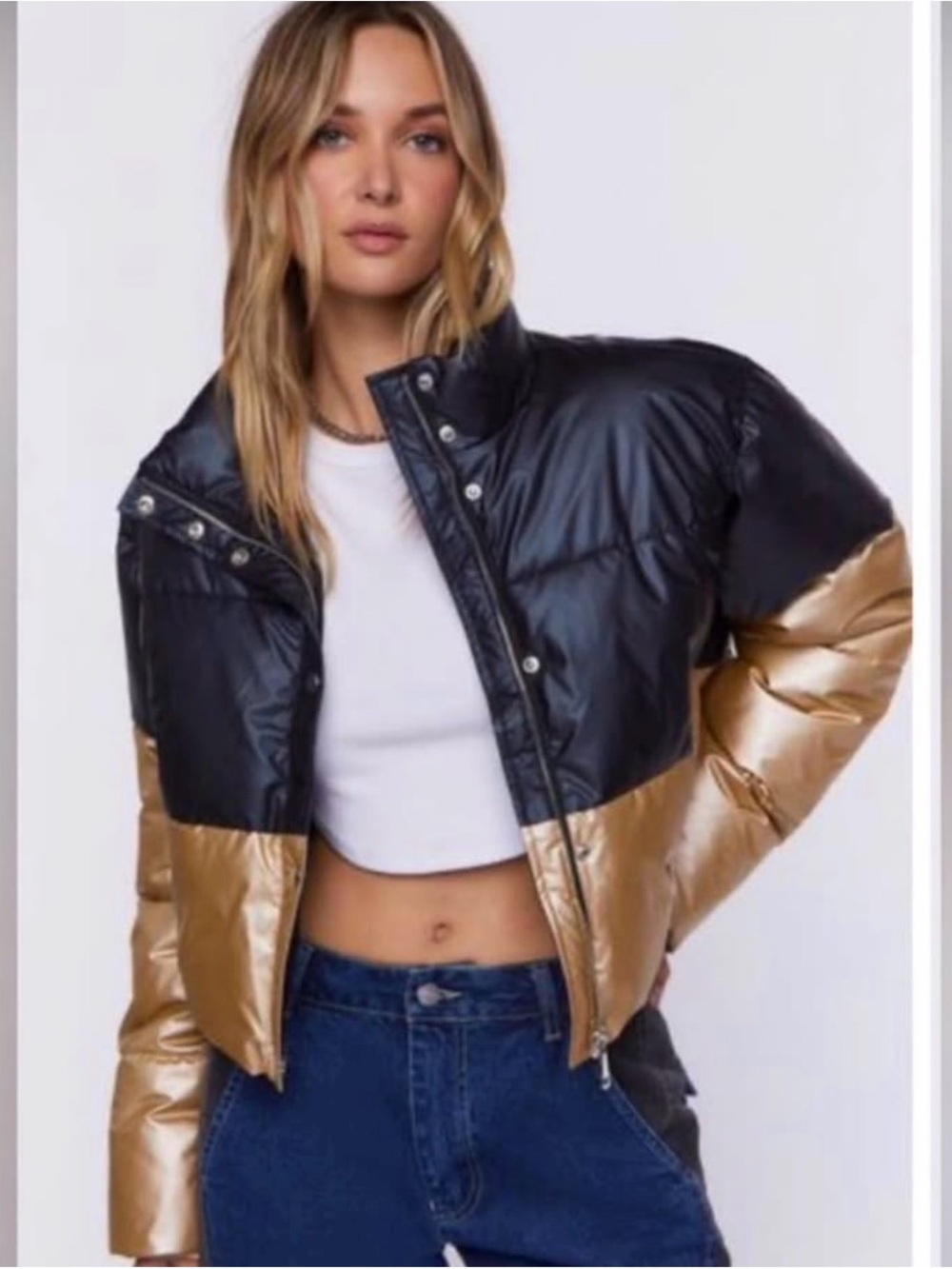 Colorblock Black & Gold Puffer Jacket - Women's from Forever 21